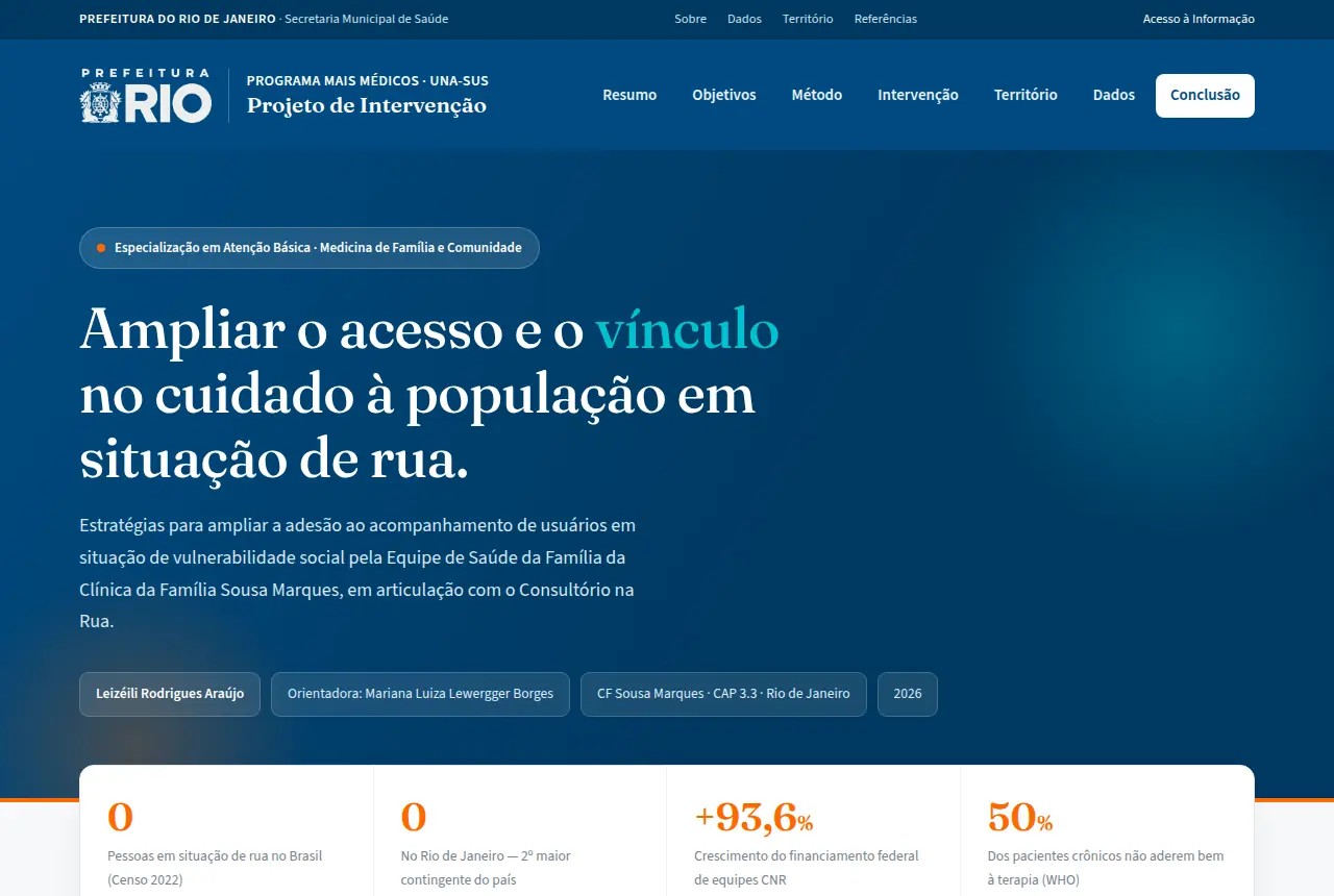 Tela do site Projeto de intervenção · população em situação de rua