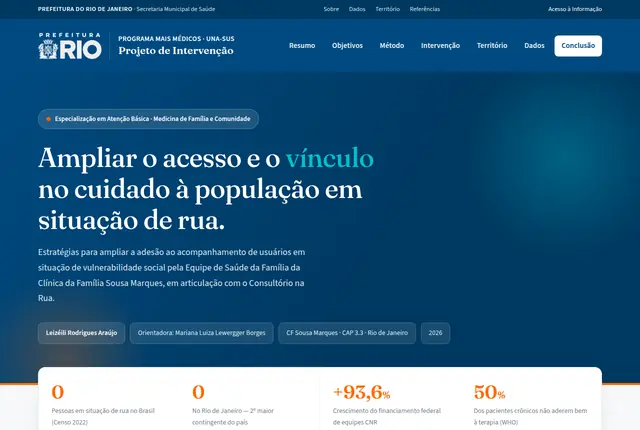 Tela do site Projeto de intervenção · população em situação de rua