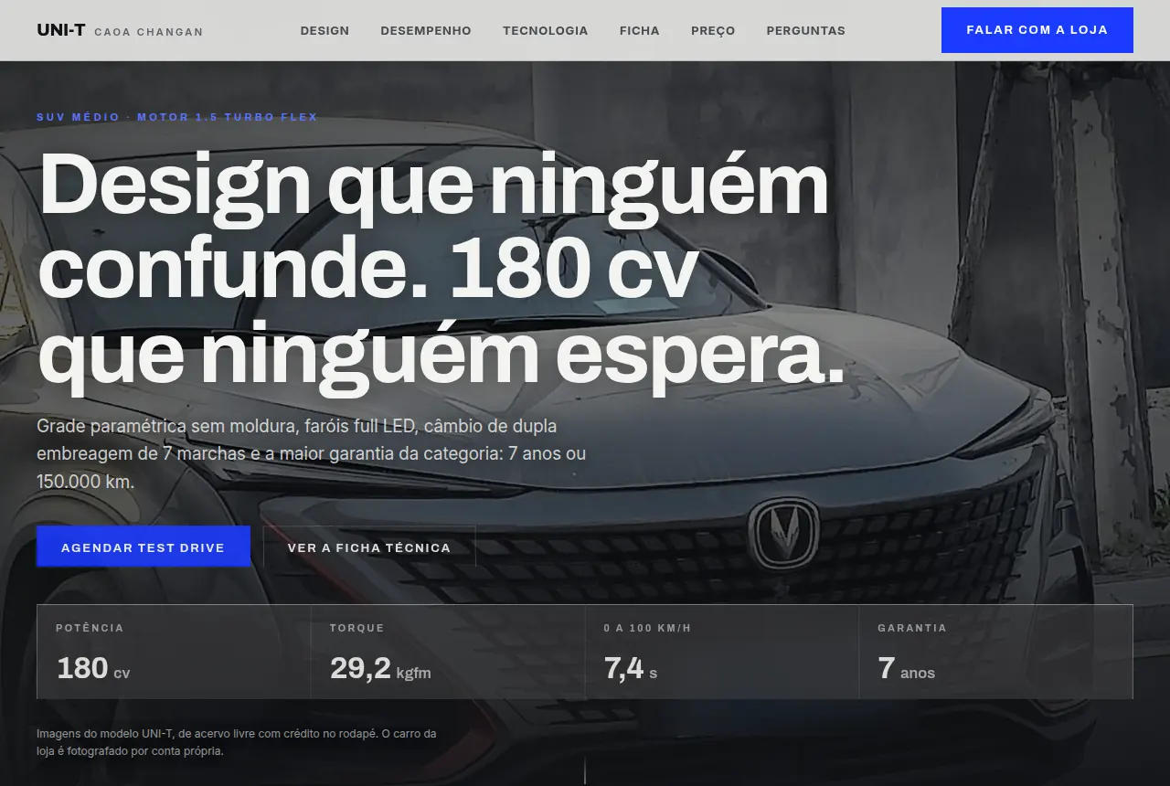 Tela do site Changan UNI-T